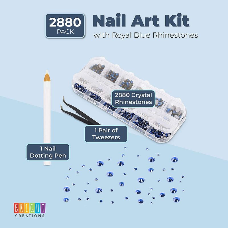 Bright Creations Acrylic Nail Art Kit with Royal Blue Rhinestone Gems, Dotting Pen, Tweezers (2880 Pieces)